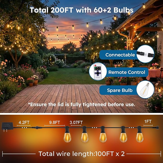 GvvooHome 200FT Outdoor String Light with S11 Plastic Bulbs, Low-Voltage LED Patio Light with App & Remote, Music Sync, 4 Lighting Modes, Dimmable & Waterproof for Backyard, Porch, Garden, Deck, Party