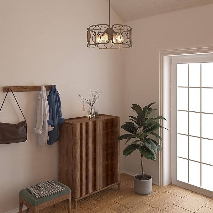 Inlight 16" Modern Farmhouse 4-Light Drum Island Chandelier with Distressed Wood Accents, Brushed Silver Gray Finish, Semi-Flush Convertible Pendant, IN-0336-4-WD