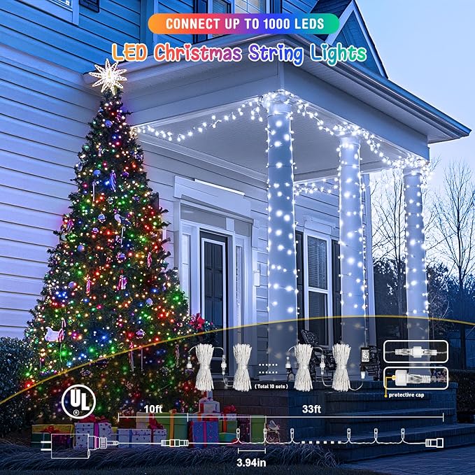 JMEXSUSS 2 Pack 100 LED Color Changing Christmas Lights Indoor, 33ft Cool White & Multicolor Christmas Lights Outdoor Waterproof, Clear Wire String Light Plug in for Xmas Tree Bedroom Decorations