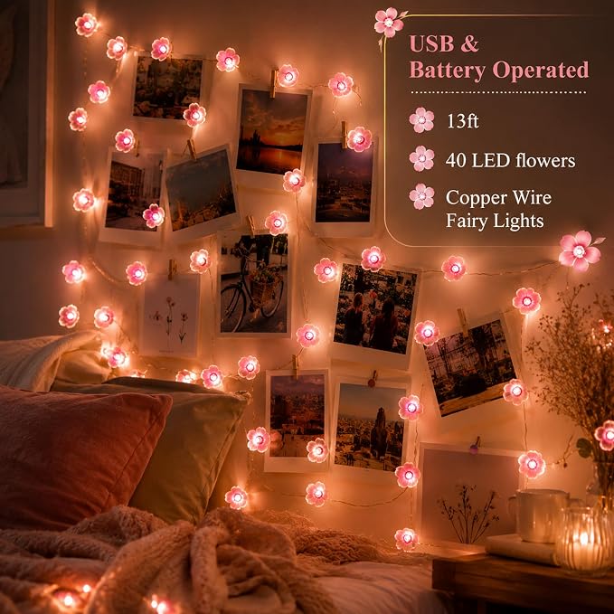 USB/Battery Operated 13ft Copper Wire 40LED Pink Cherry Blossom Fairy Light | Flower-Shaped Fairy Lights String – Indoor & Outdoor Hanging Decor for Valentine's Day, Mother's Day, Wedding Parties