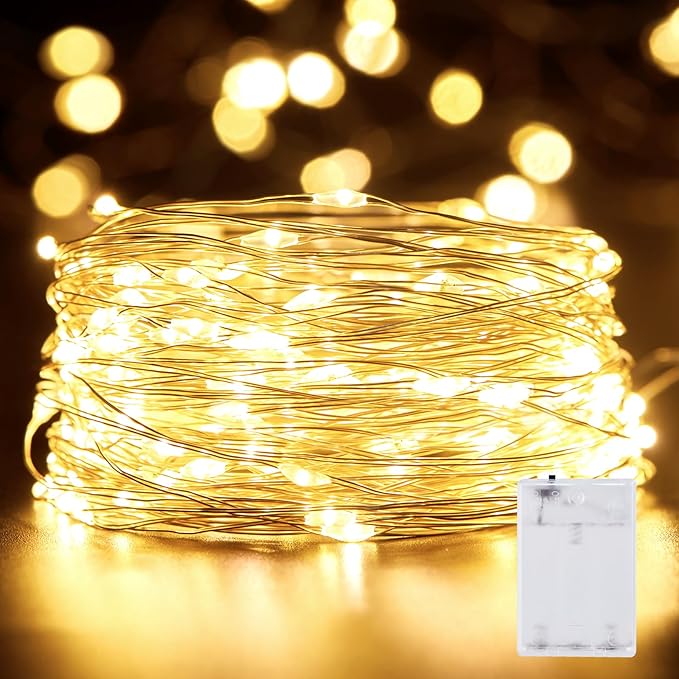 Minetom Fairy Lights Battery Operated, 33FT 100 LED Waterproof Silver Wire String Lights, Long Lasting Firefly Starry Lights for Bedroom, Christmas, Tree, Parties, Wedding, Mason Jar, Holiday Decor