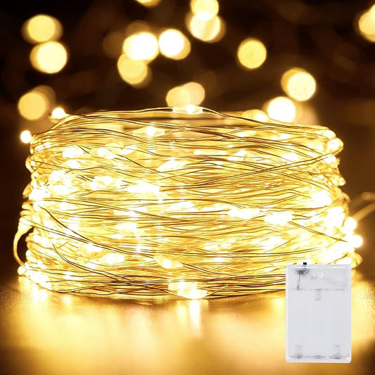 Minetom Fairy Lights Battery Operated, 33FT 100 LED Waterproof Silver Wire String Lights, Long Lasting Firefly Starry Lights for Bedroom, Christmas, Tree, Parties, Wedding, Mason Jar, Holiday Decor