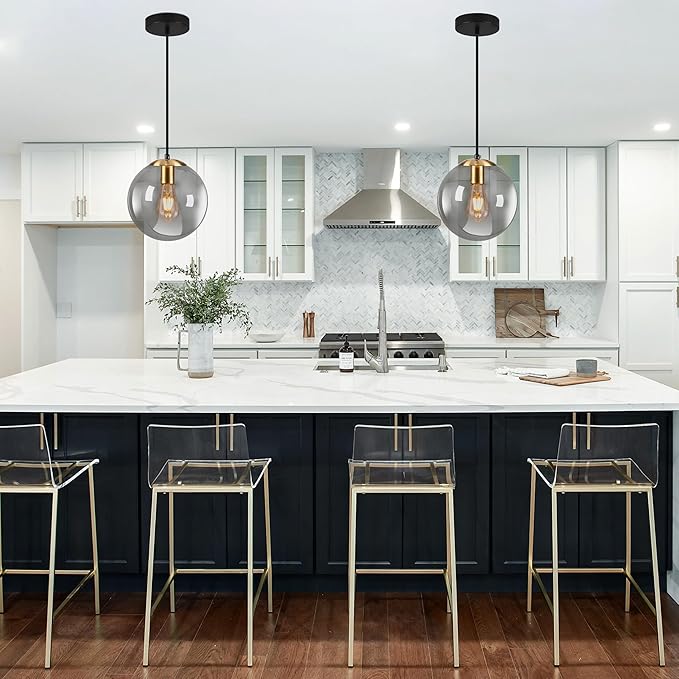 KoKo&Yukina 10 Inch Pendant Light Glod Globe Pendant Lights Kitchen Island Mid Century Light Fixture Adjustable Globe Pendants Lights with Grey Glass Shade for Dining Room Living Room