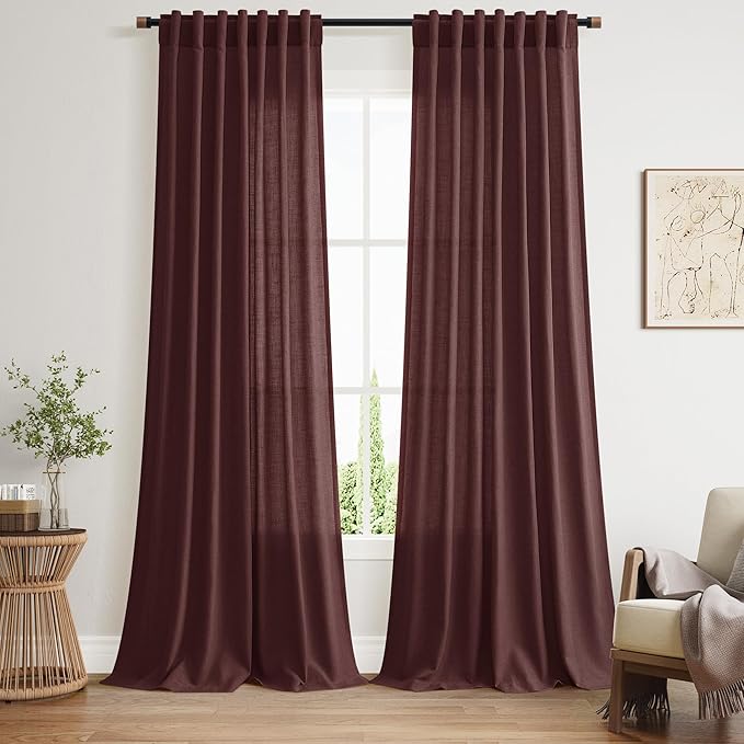 Reddish Brown Linen Curtains 90 Inch Long 2 Panels Set for Bedroom Living Room, Soft Linen Textured Window Drapes Semi Sheer Light Filtering Rod Pocket Back Tab Morden Style 52x90