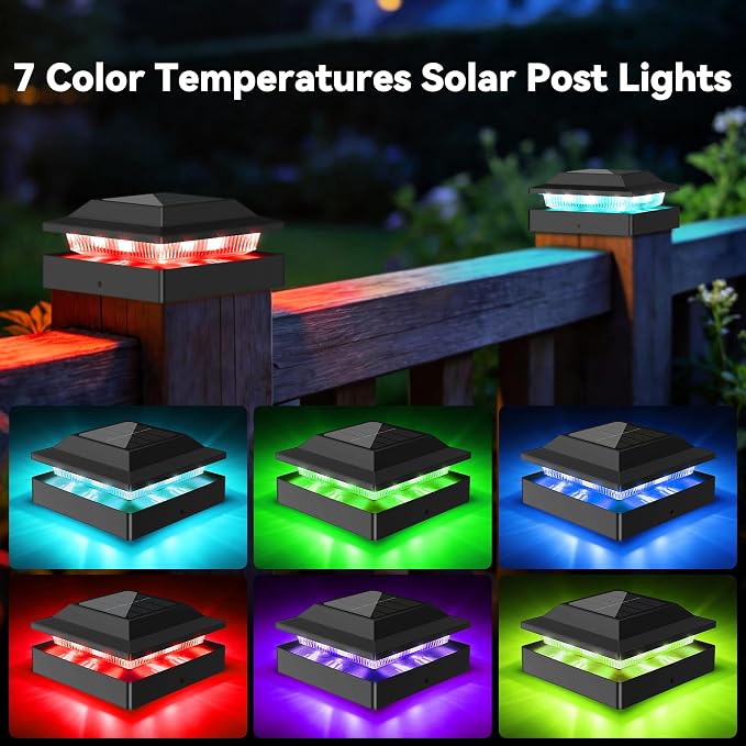 12 Pack Solar Post Cap Lights RGB Color Changing, IP65 Waterproof for 4x4 Wood/Vinyl Posts, Auto On/Off Fence Posts Solars Light for Deck Patio Garden Decoration, Black