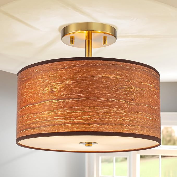 3-Light Solid Wood Drum Ceiling Lights, Farmhouse Style Semi-Flushmount Light Fixture for Dining Room, Living Room, Bedroom, D12 * H10 inch, Solid Wood Lampshade & Gold Finish