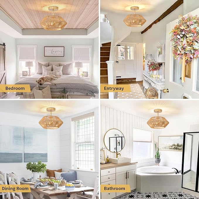 2-Lights Woven Rattan Ceiling Light Fixture, Beige Farmhouse Hand-Woven Cage Semi Flush Mount Light, Small Boho Coastal Basket Close to Ceiling Light for Bedroom Hallway Nursery Entryway