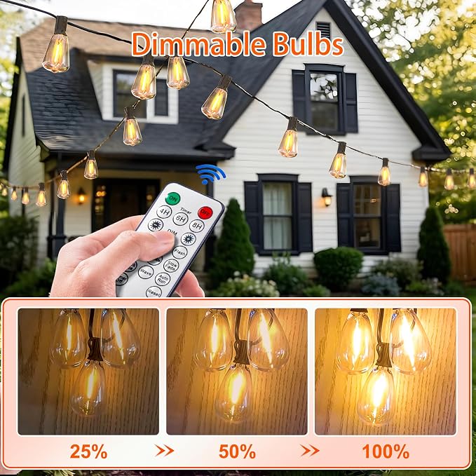 BLIATLUS 55FT Solar String Lights Outdoor Waterproof with Remote Control Solar Patio Lights 24+2 shatterproof LED ST38 Bulbs for Porch Garden Market Bistro Patio Backyard Fence