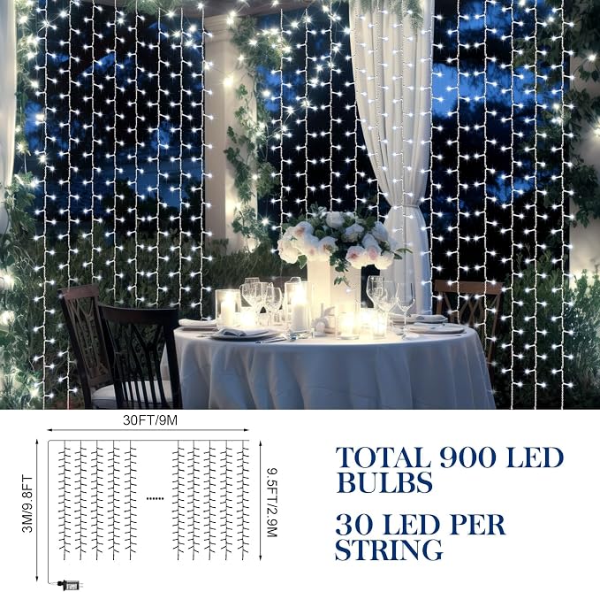 Aurelema 900 LED 30 x 9.5 Ft Christmas Curtain Lights 8 Modes Outdoor Fairy Lights with Remote Plug in Hanging String Fairy Light Waterproof for Bedroom Wall Window Backdrop Wedding Christmas Decor