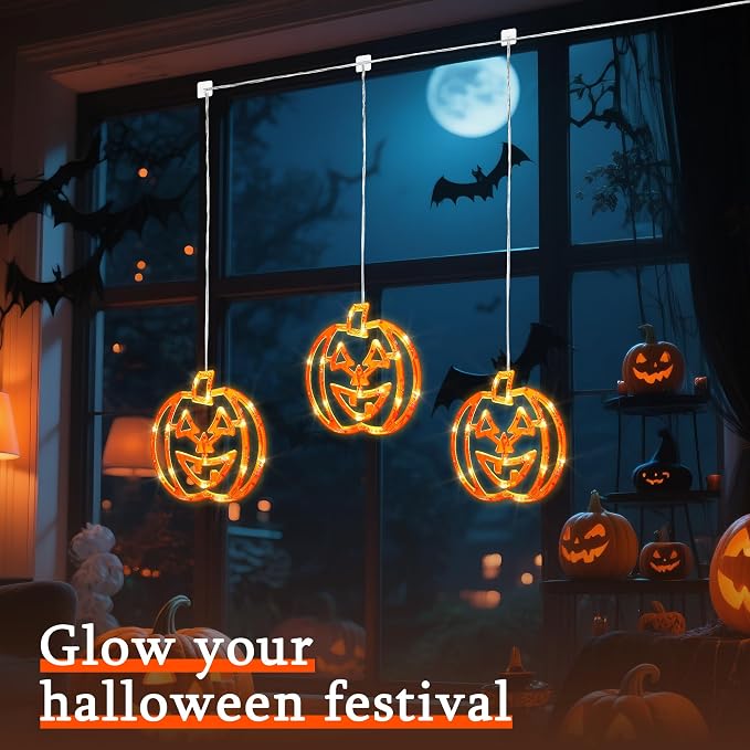 Halloween Window Lights,3 Pack 48LED Pumpkin String Light with Battery Operated,Timer Memory Hanging Orange Halloween Light for Spooky Decor Outdoor Indoor Curtain Home Party Gift