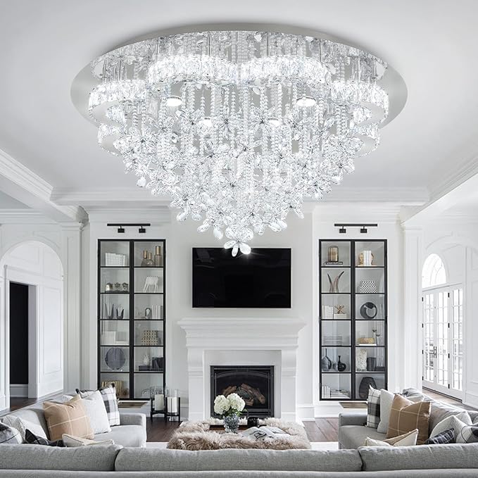 Flashing God Dia 48“ Modern Crystal Chandelier Living Room Large Chandeliers Dinning Room Crystal Raindrop Chandelier Flush Mount Ceiling Light LED Dimmable 2700k 4500k 6000k