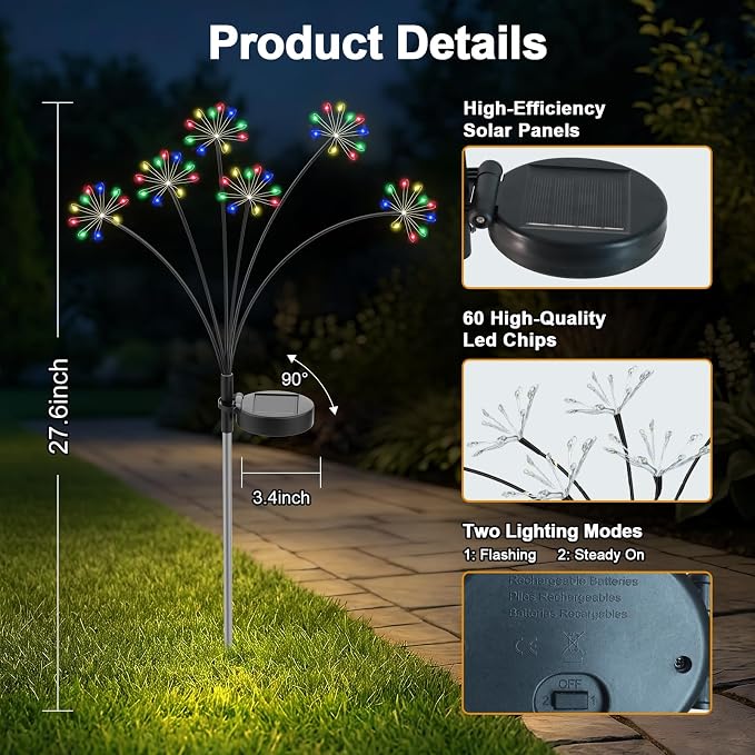 Solar Garden Lights Outdoor, Upgraded Solar Swaying Starburst Light Waterproof with 2 Modes, Solar Fairy Firework Lights for Yard Patio Pathway Flowerbed Balcony Garden Decoration (Multicolor, 4 Pack)