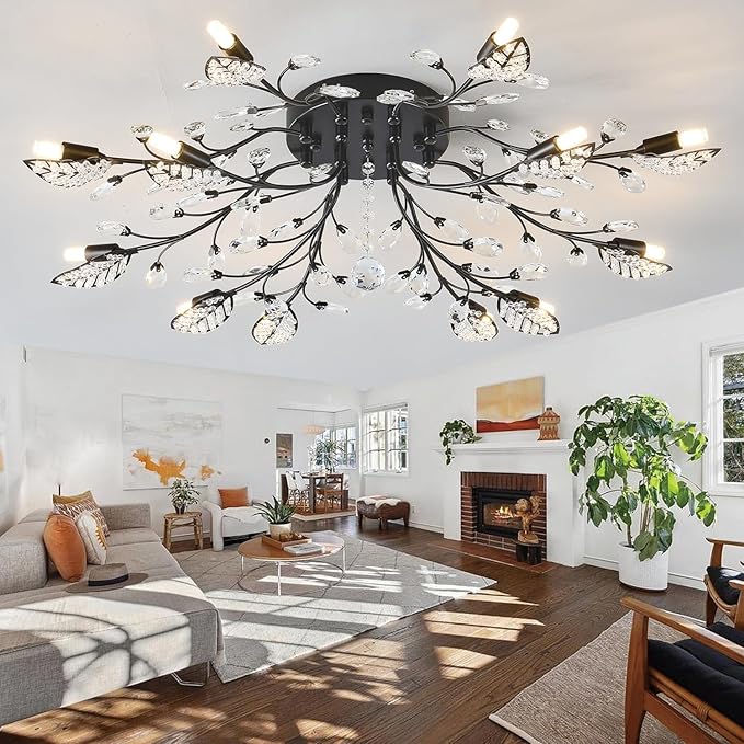 Modern Crystal Ceiling Light Fixture,Semi Flush Mount Chandeliers,Crystal Leaf Ceiling Light, Chandeliers for Dining Room,Living Room,Bedroom
