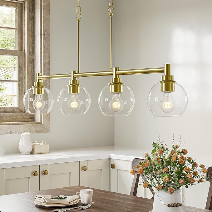 VONLUCE Dining Room Light Fixture Over Table, 4-Light Kitchen Island Lighting with Round Glass Shades & Adjustable Hanging Heights, Linear Chandlier for Dining Room Kitchen, Gold, ETL Certificated