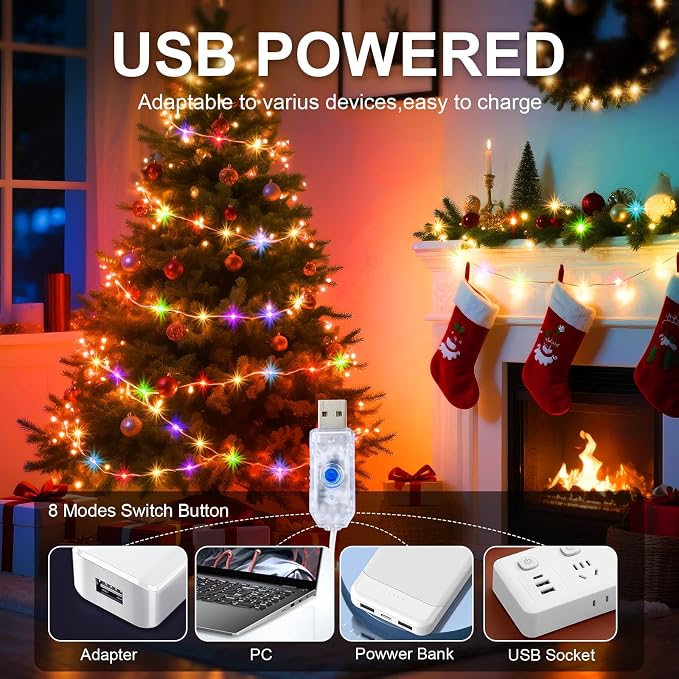 2 Pack USB Plug in Fairy String Lights,16ft 50 LED Copper with Remote and Timer, 8 Modes Waterproof Twinkle String Lights for Bedroom Indoor Party Wedding Christmas Decoration
