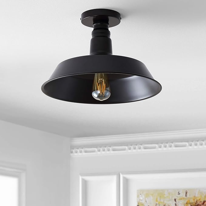 JONATHAN Y 14" Oil Rubbed Bronze Industrial LED Semi Flush Mount Ceiling Light for Porch, Kitchen, Entryway, Modern Farmhouse Iron Fixture, White Metal Shade, LED Bulb Included (JYL9516A)