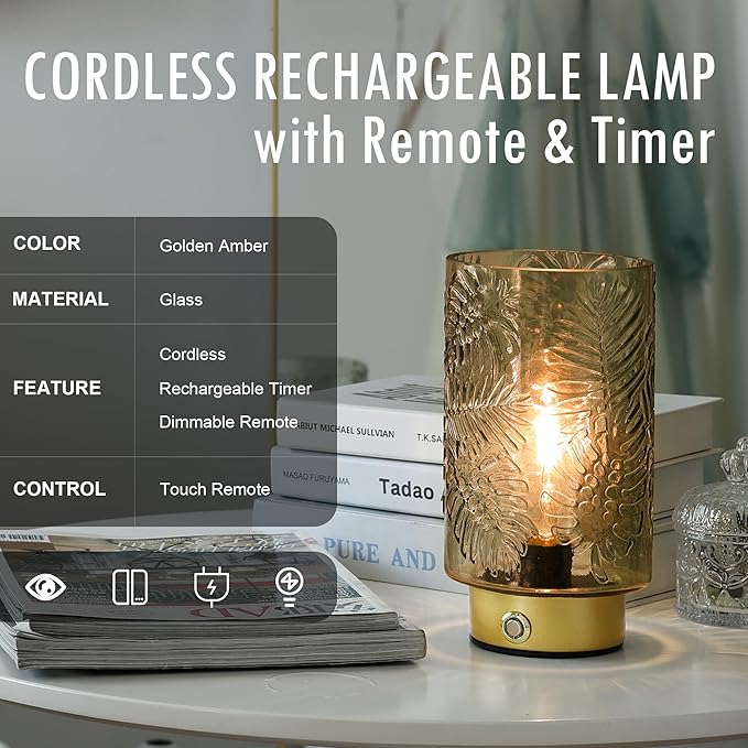 ULAROOM Cordless Lamps Rechargeable Battery Operated lamp,Glass Table Lamp Remote Control-Dimmable Brightness Touch Wireless Bedside Lamp for New Home Gift/Bedroom/Kitchen/Living Room Decor Amber