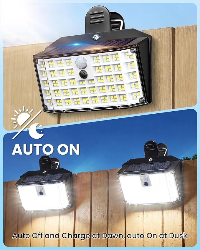 LUHLEE 176LED Clip on Solar Lights Outdoor, 800LM Solar Motion Lights Outdoor with 180° Wide Angle, IP65 Waterproof Portable Solar Fence Lights Outdoor for Fence, Gutter, Garden, Camping, Patio 1Pack
