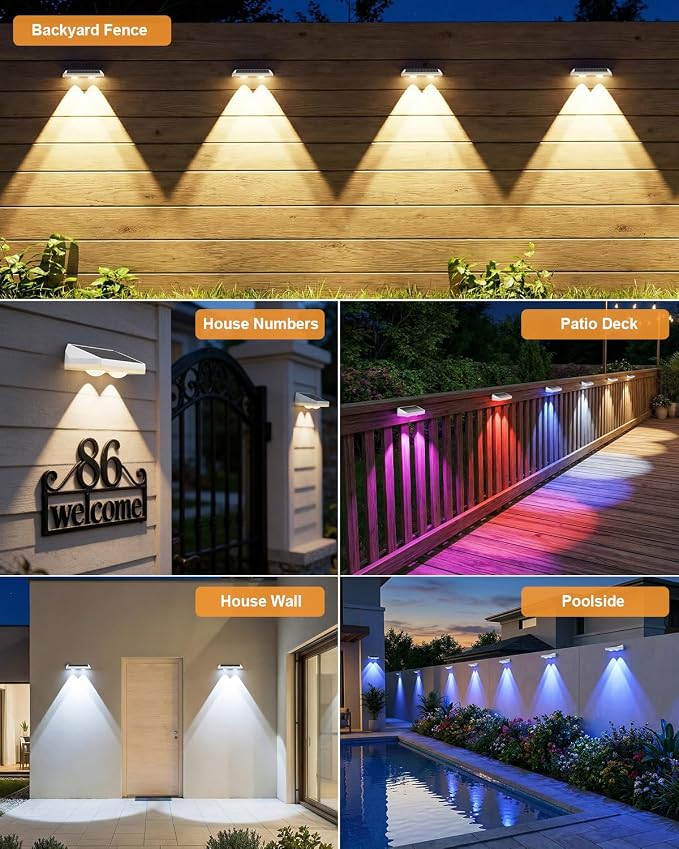 12 Pack Solar Fence Lights, Fence Lights Solar Powered with Ultra-Bright Lens Warm White + RGB 13 Color Mode IP65 Waterproo for Backyard/Step/Patio/Deck/Stair/Railings-White