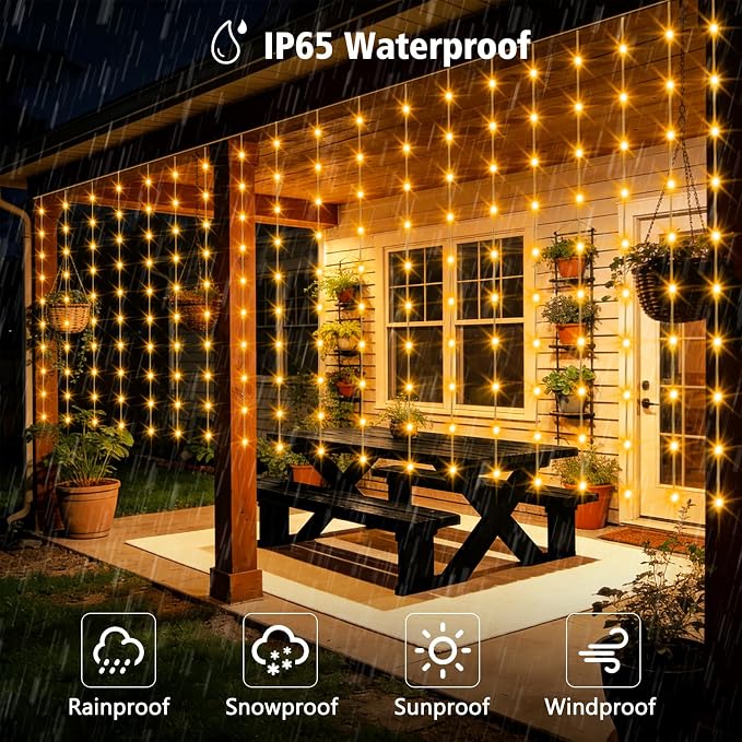 DBFAIRY Solar Curtain Lights 300 LED Outdoor Curtain Lights Waterproof | 19.6ft x 3.9ft Solar Twinkle Curtain Lights Remote Timer Dimmable for Garden Party Wedding Decór, Warm White