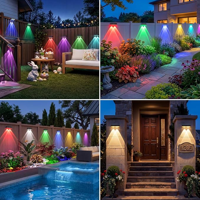 kolpop Solar Fence Lights Outdoor,11 Modes & 9 Colors Fence Lights Solar Powered,IP65 Waterproof, 60LM LED Solar Lights for Patio,Backyard,Outside,Railing,Wall,Nighttime,Party,Pool,4 Pack