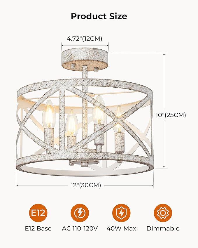 Semi Flush Mount Ceiling Light Fixture, Farmhouse Modern 4-Light Chandelier with X-Shape Cage, Industrial Rustic Ceiling Lamp for Kitchen, Entryway, Dining Room, Bedroom, Hallway, Laundry Room, White