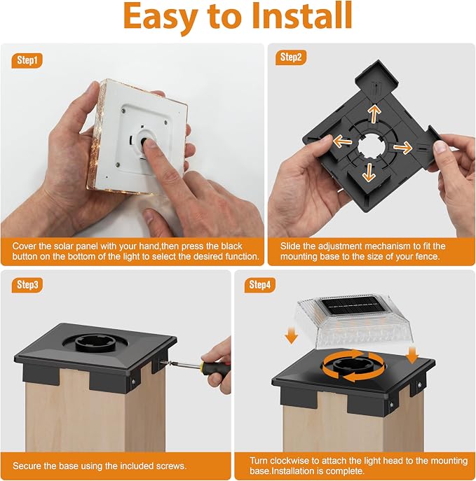 APONUO Solar Post Cap Lights, 3 Color Modes & 2 Brightness, Adjustable Base Fits 4x4 5x5 6x6 Posts (3.5-5.5 Inch), IP65 Waterproof, Deck & Fence Post Lights Solar Powered with Screws, Black, 2 Pack