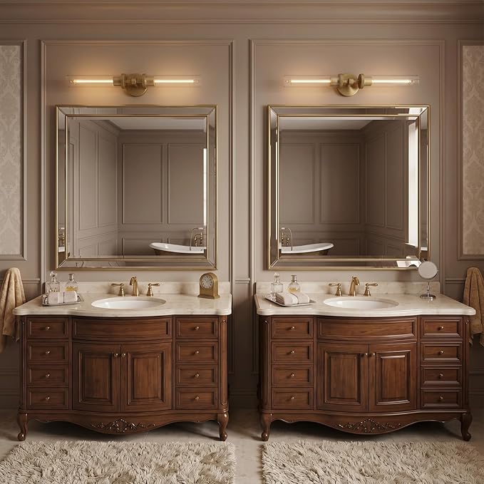 Brass Gold 2-Light Knurled Wall Sconces, 30in Double Glass Sconces Wall Lighting, Bathroom Vanity Light Sconces, Wall Lights for Living Room Bedroom Hallway Kitchen Bathroom Mirror