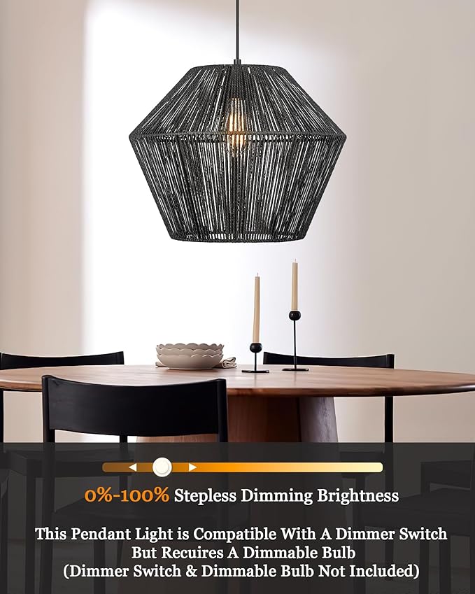 ELYONA 16.5” Large Modern Woven Chandelier Farmhouse Coastal Pendant Light Fixtures Matte Black Handwoven Rattan Basket Shade Boho Pendant Hanging Lamp for Kitchen Dining Room Bedroom Foyer Hallway