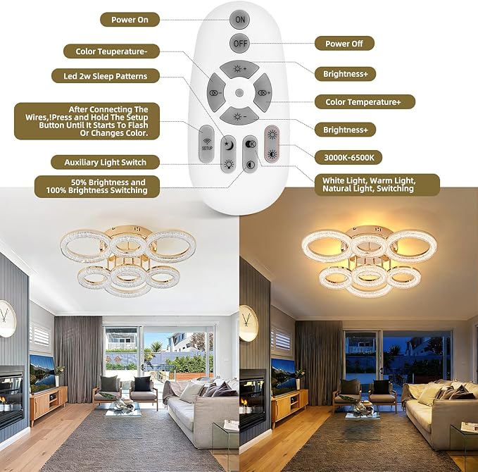 OKELI Modern Ceiling Light, 7 Rings 23'' Dimmable LED 106W Flush Mount Ceiling Lights with Remote Acrylic Crystal Round Ceiling Light Fixture, Bedroom Living Room Dining Room, Gold