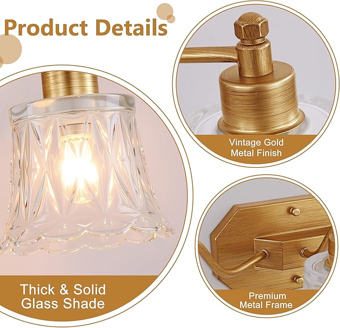 Gold Bathroom Light Fixture, 4 Light Brass Vintage Vanity Light, Antique Gold Finish with Crystal Glass Shade, Antique Brushed Gold Vanity Lights for Bathroom/Bedroom/Hallway