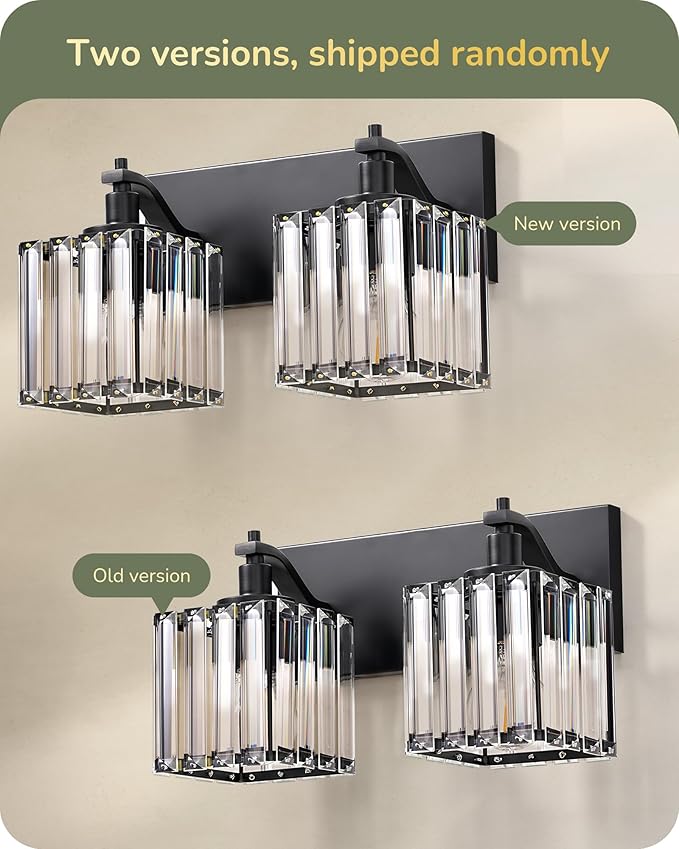 EDISHINE Bathroom Vanity Light Fixtures, 2 Light Crystal Bathroom Lighting Fixtures Over Mirror, Modern Wall Sconce for Powder Room, Bedroom, E26 Base, Black