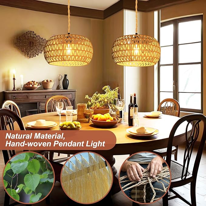Hanging Lights with Plug in Cord Rattan Hanging Lamp Boho Ceiling Light Fixtures Farmhouse Pendant Lamp Shape for Living Room Bedroom Kitchen