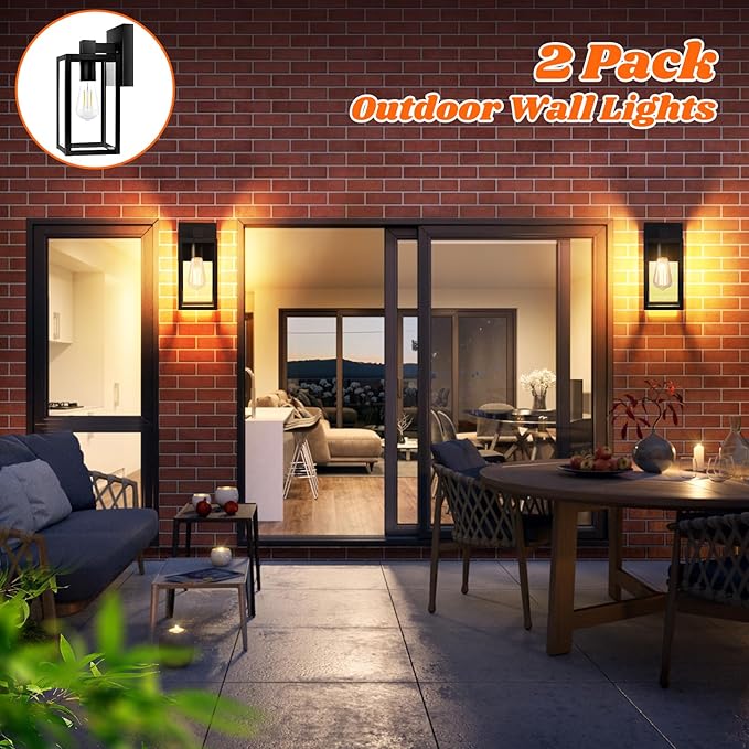 Brightever 2-Pack Outdoor Wall Lantern, Exterior Waterproof Wall Sconce Light Fixtures, Black Outside Wall Lights with Clear Glass for House, Porch, Front Door, Garage, Patio, Bulbs Not Included