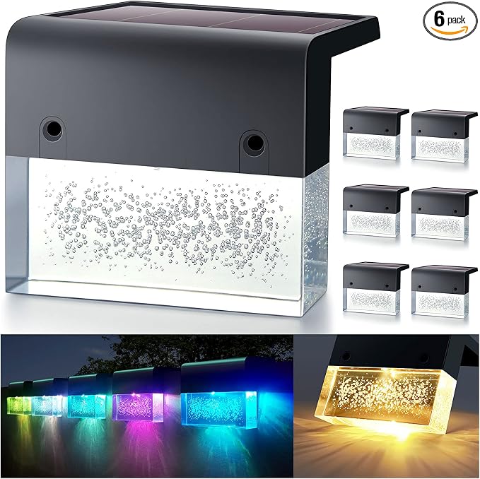 DenicMic Solar Deck Lights LED Solar Step Lights Outdoor for Fence, Patio, Garden, Yard, Backyard, 10 Lumen 2 Lighting Modes Acrylic Bubbles Warm White/Color Changing (6 Pack)