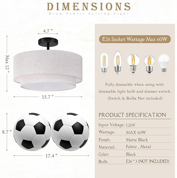 15.7 Inch Flush Mount Ceiling Light Black Close to Lights Fixture with 2-Layer Fabric Shade 3-Light Drum Modern Lights for Dining Room Bedroom Hallway