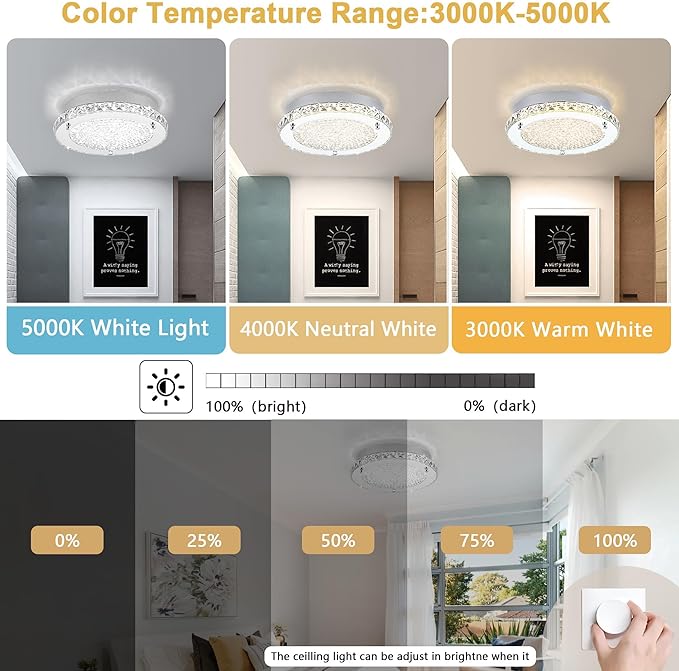 Flush Mount Ceiling Light LED Crystal Ceiling Light Fixture Modern 13 Inch Kitchen Lighting Fixtures Ceiling for Bedroom, Hallway, Porch, Dimmable and 3 Color Change