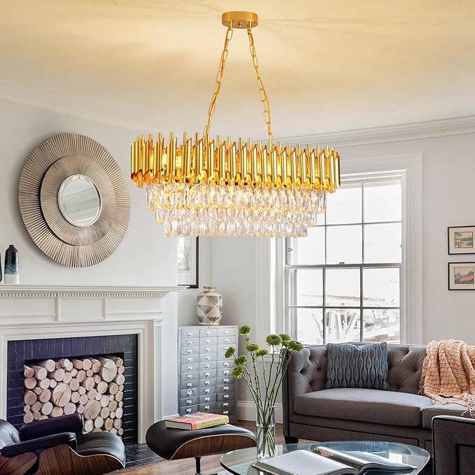 Modern Crystal Chandeliers for Dining Room 8-Light Gold Crystal Chandelier Living Room Oval Contemporary Ceiling Hanging Light Pendant Light Fixture for Kitchen Island Bar Restaurant L32