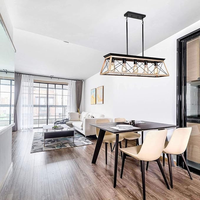 Farmhouse Chandeliers for Dining Room, Rustic Kitchen Island Light Fixture, 5-Light Linear Pendant Lighting Rectangular Chandelier, Metal Solid Ceiling Lights