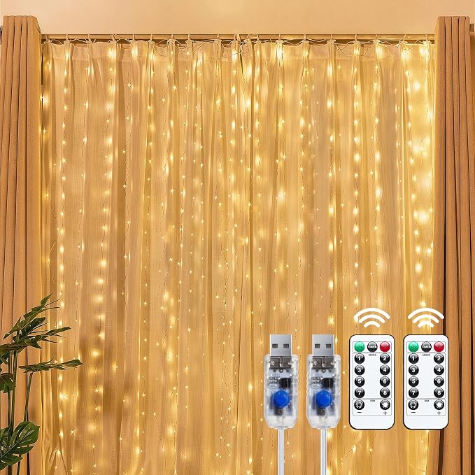 Brightown 300 LED Fairy Curtain Lights, 9.8ft x 9.8ft String Lights, USB Plug in 8 Lighting Modes Christmas String Hanging Lights with Remote for Bedroom Indoor Outdoor Party Xmas Warm White 2 Pack
