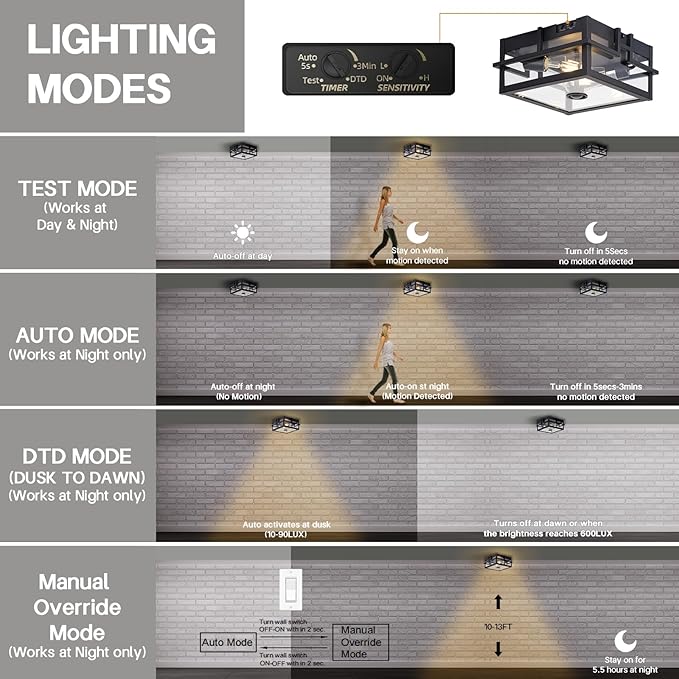 Upgraded Motion Sensor Outdoor Ceiling Light,outdoor flush mount porch light with Adjustable sensor, Dusk to Dawn 2-Light Outdoor Light Fixture Ceiling Mount with Clear Glass for Porch Garage Patio