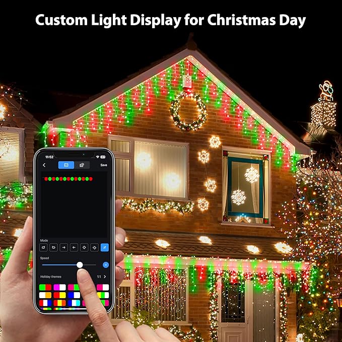 Smart RGB Icicle Lights Outside 33FT 299LED 69 Drops, App & Remote Control Music Sync Waterproof Christmas Roof String Lights, DIY Color Changing Holiday Yard Decorations for Patio, Party, Wedding