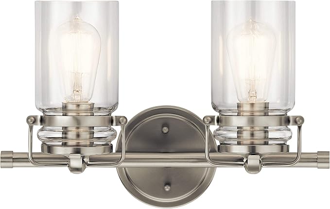 Kichler Brinley 15.75" Vanity Light in Brushed Nickel, 2-Light Farmhouse Bathroom Vanity Light with Clear Glass, (15.75" W x 10" H), 45688NI