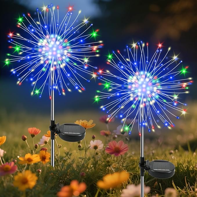 Garden Outdoor Lights, 2 Pack 120 LED Solar Garden Lights Fairy Lights Outdoor Waterproof Decorative Solar Firework Lights for Yard Patio Pathway Flowerbed Party Wedding Decor, Multicolor