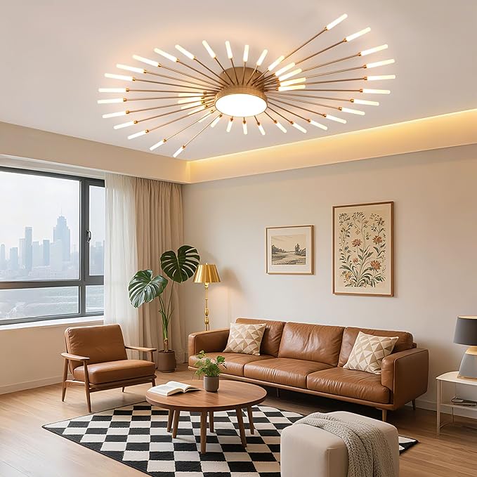 Modern Ceiling Light LED Flush Mount Ceiling Light for Living Room,Kitchen,Dining Room,Bedroom Fireworks Design Dimmable with Remote Control & Memory Function Lighting Fixture (Gold,42 Light)