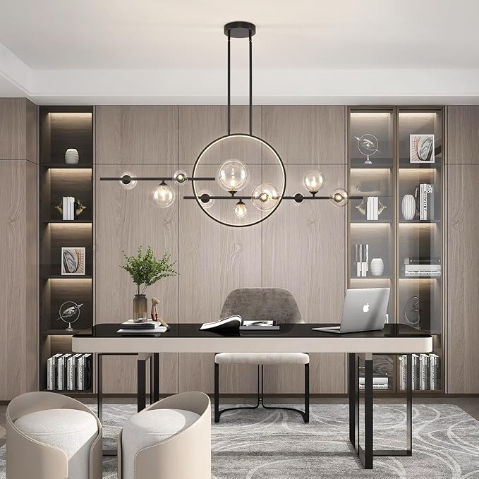 KELUOLY 10 Lights Modern Pendant Light Fixtures, 54" Black Dimmable Mid-Century Dining Room Large Bubble Chandeliers, Linear Kitchen Island Lights with Spherical Clear Glass Shade for bar, Cafe