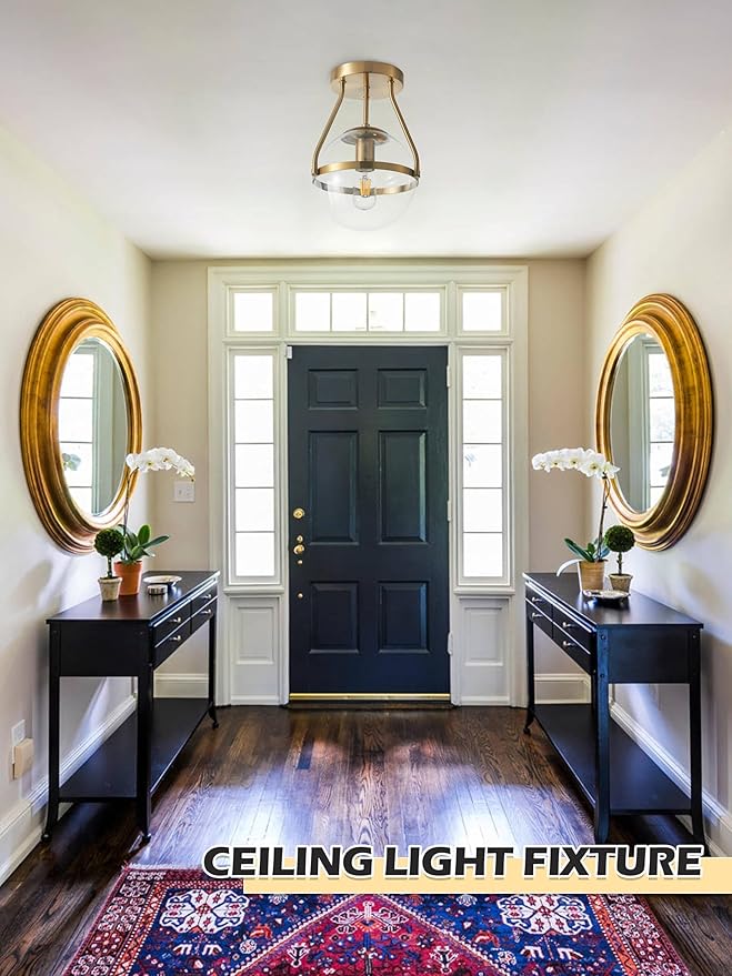 Bagood 8 Inch Mid Century Ceiling Light Modern Gold Semi Flush Mount Ceiling Light with Clear Glass Shade Globe Semi Flush Mount Ceiling Light Fixture for Bedroom Hallway Bathroom Foyer (Bulb Incl.)