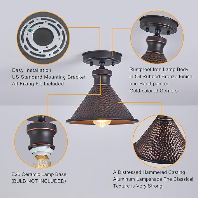 Tarentlight 9.2" Industrial Semi Flush Mount Ceiling Light,Vintage Hammered Pattern Cast Aluminum Shade,1-Light E26 Classic Lamp,Oil Rubbed Bronze Farmhouse Lighting for Hallway Kitchen Entryway.