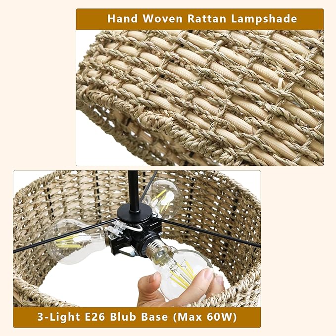 Boho Light Fixtures Ceiling Mount, 12.6" Rattan Ceiling Lights, 3-Light Hand Woven Semi Flush Mount Ceiling Light Fixture, Farmhouse Wicker Ceiling Lights for Bedroom Hallway Entryway Kitchen