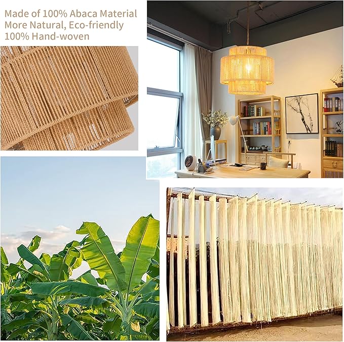 QIYIZM Plug in Pendant Light Hanging Lights with Plug in Cord Hanging Lamp Boho Rattan Dimmable Wicker Bamboo Woven Shade Hemp Rope Ceiling Light Fixture for Living Room Bedroom Kitchen